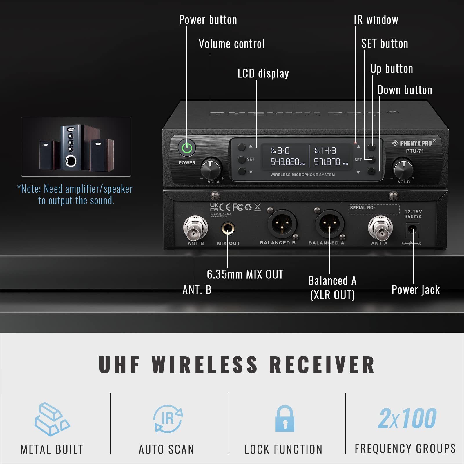 Wireless Microphone System, Dual Mic Set with Handheld/Bodypack/Lapel Mics