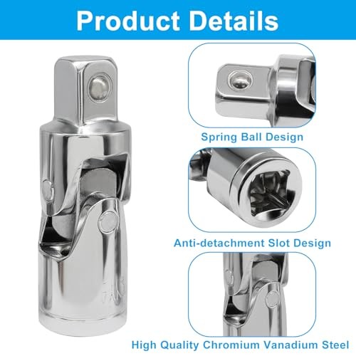 3 Pcs Universal Joint Socket Set, Ball Spring Design, 1/4", 3/8", 1/2" Chrome