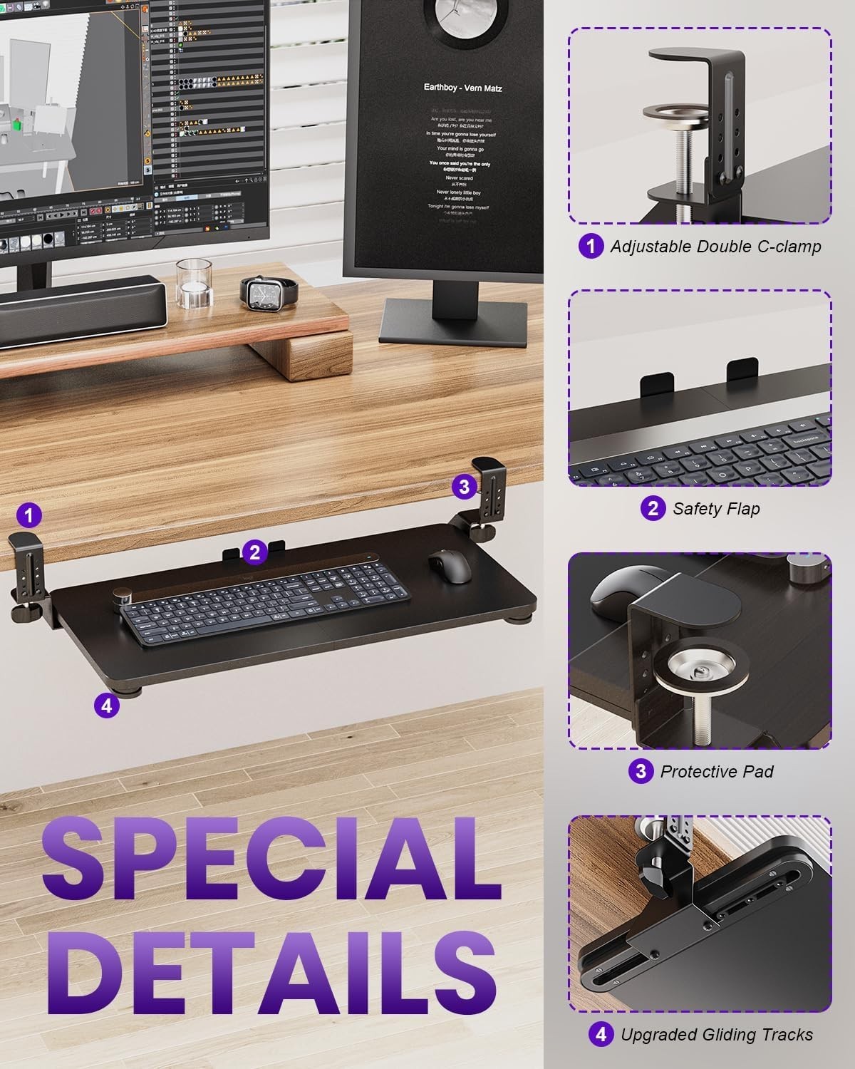 Ergonomic Mouse & Keyboard Tray Under Desk, Pull Out with Adjustable C-clamp, 20