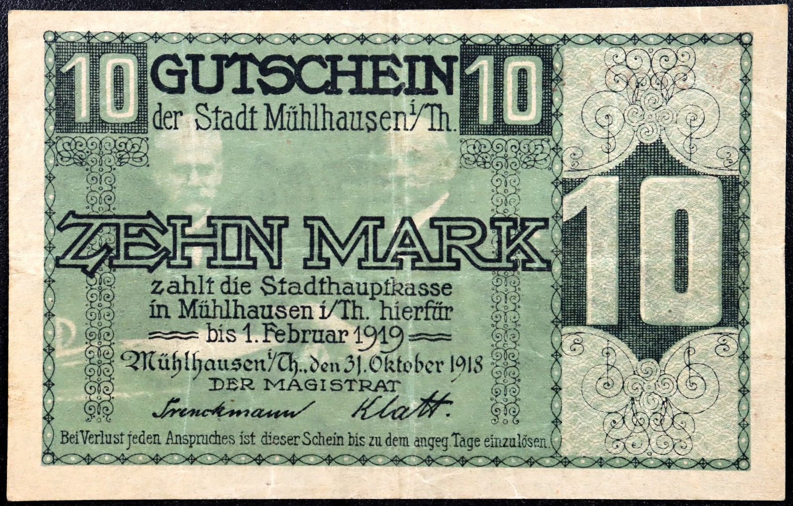 MÜHLHAUSEN 1918 10 Mark Grossnotgeld WWI German Notgeld Banknote