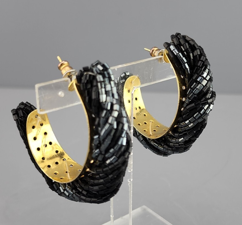 Vintage black bead hoop earrings