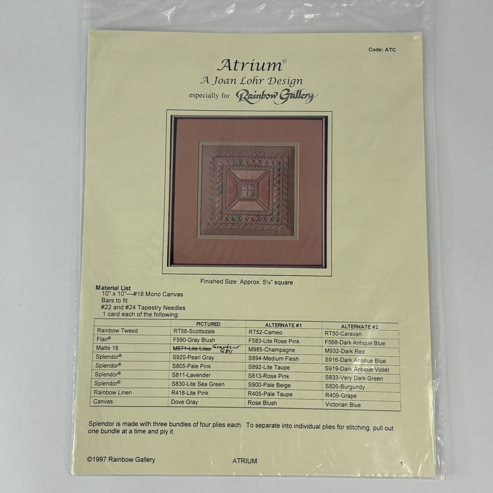 Vintage Needlepoint Pattern Atrium  Joan Lohr Rainbow Gallery Cross Stitch 1997