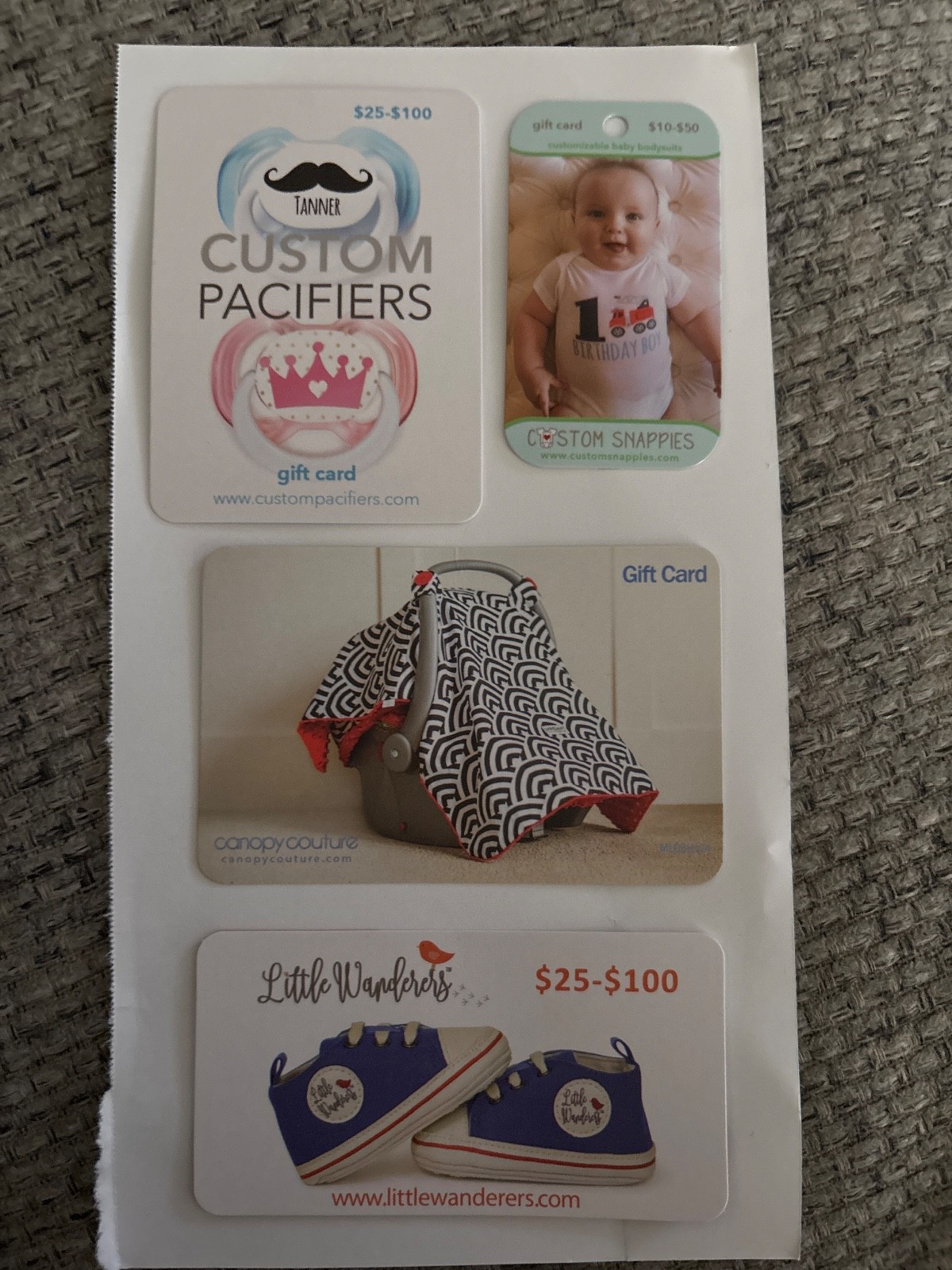 4 Gift Cards $190 Value For Baby Child Items Read Description