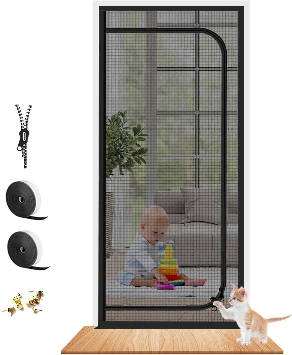 Pet Screen Door Reinforced Cat Resistant Mesh Screen with Zipper Closure Fits Up