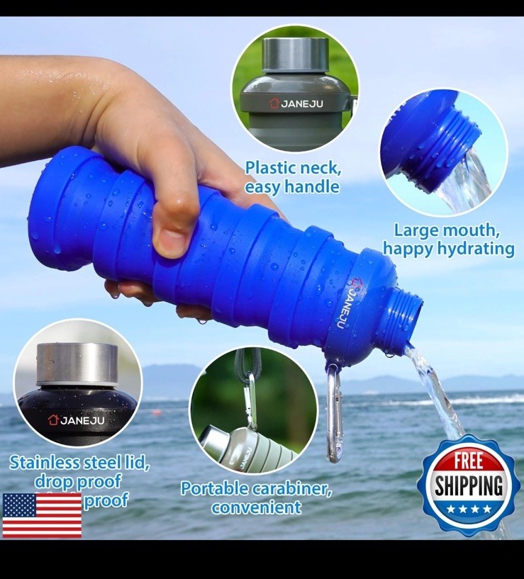 JaneJu Collapsible Water Bottle, 17oz BPA Free Silicone Reusable Portable Lig