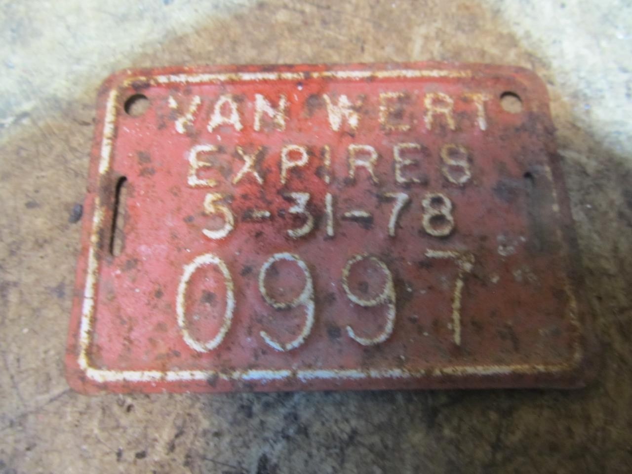 Vintage Van Wert Ohio Bicycle License Plate 1978