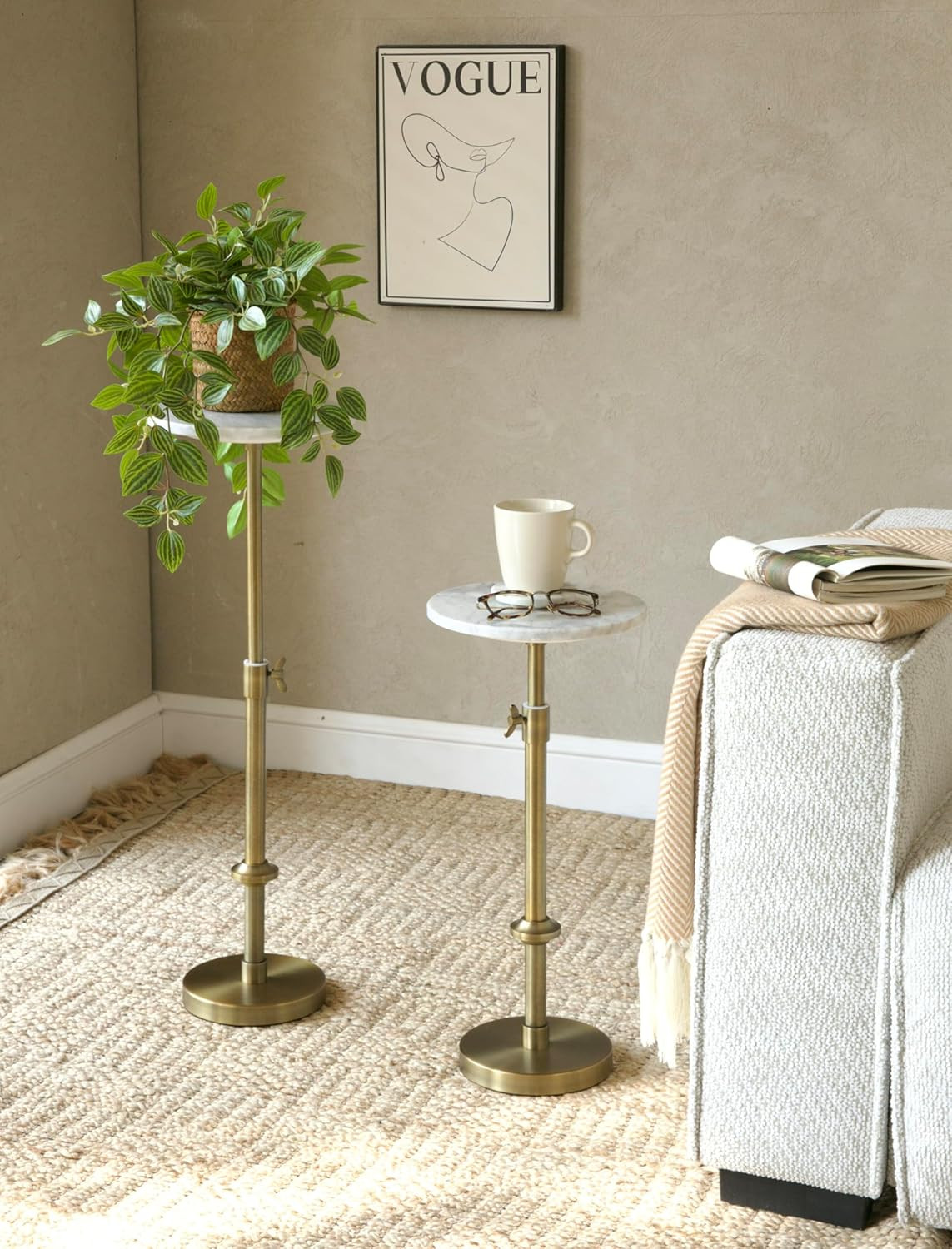 Adjustable 10" White Marble Drink Table with 2 Coasters, Antique Brass⁠ | Adjust