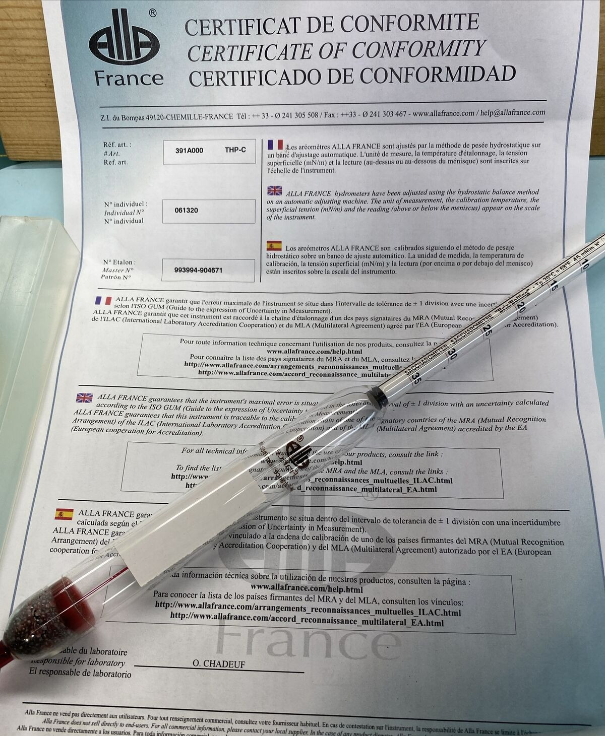 Alla France Brix Balling Hydrometer, Saccharometer with Thermometer, THP-C