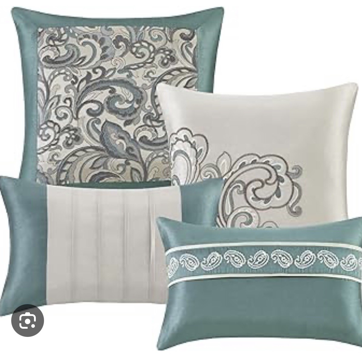 Madison Park 4 Piece Faux Silk Paisley Pleated Embroidered Teal / Silver Pillows