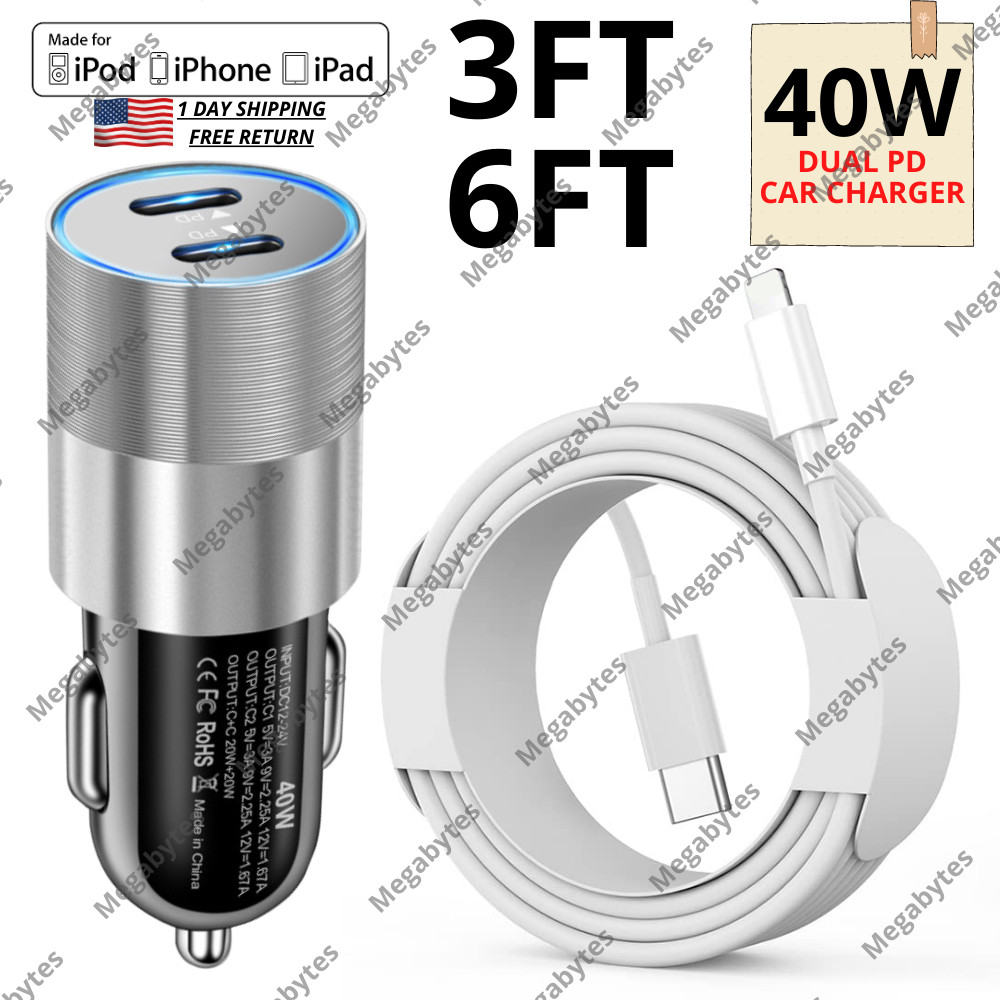 For iPhone 14 13 12 11 XR 8 7 6 Dual PD Fast 40W Car Charger Power Adapter Cable