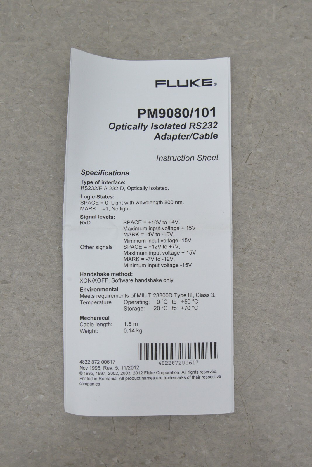 Fluke Optically Isolated RS232 Interface Adapter Cable PM9080/101