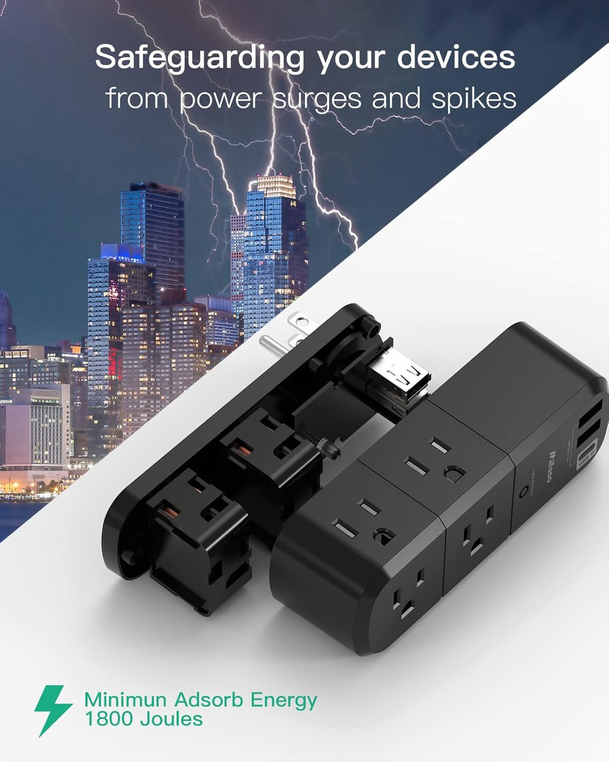 USB Outlet Extender Surge Protector - with Rotating Plug, 1800 Joules, 6 AC Mult