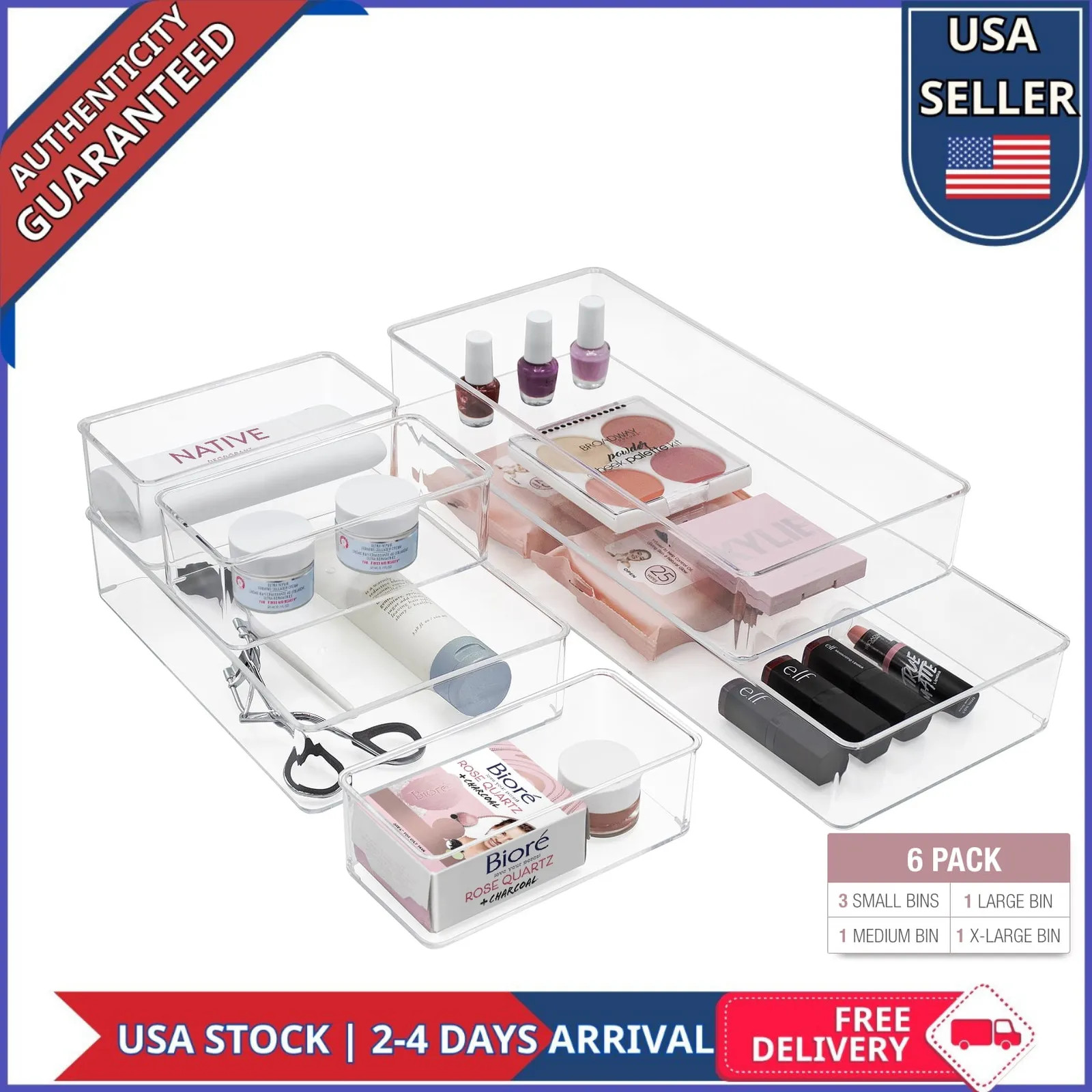 Sorbus Clear Plastic Drawer Organizer Bins Set of 6 for Kitchen Office Beauty