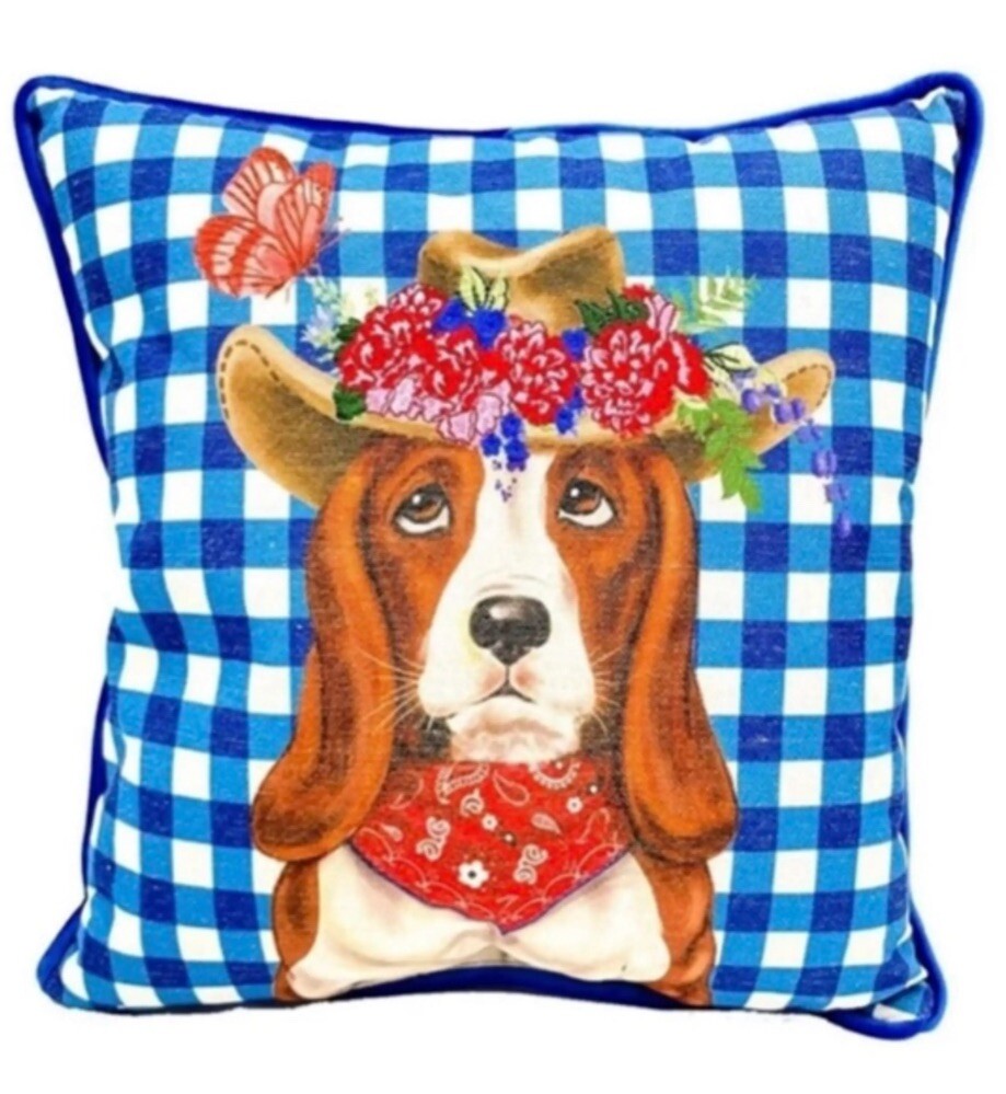 The Pioneer Woman Charlie Basset Hound Gingham Throw Pillow 16” x 16” NWT