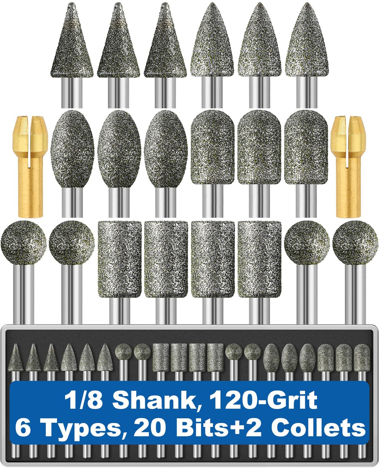 20Pcs 120-Grit Diamond Grinder Bit 1/8" Shank with 2 Small, Silver Grey