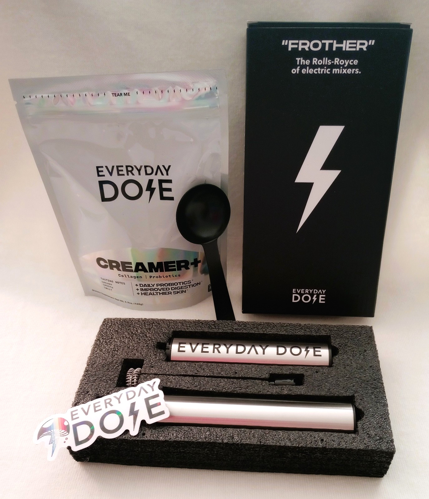 NEW EVERYDAY DOSE A2 PROBIOTICS COLLAGEN CREAMER + MIXER ~ FROTHER SPOON STICKER