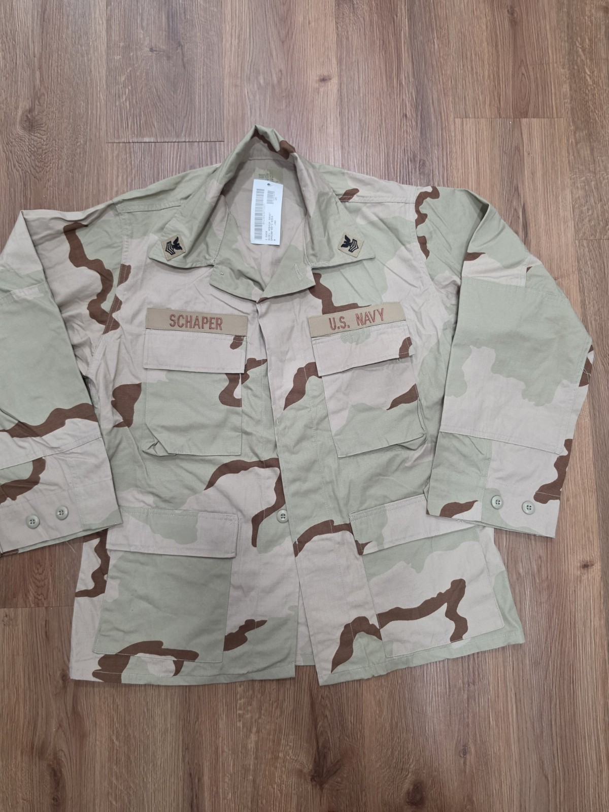 NWT Genuine US Navy DCU Jacket Desert 3-Color Camo Shirt Schaper Rank E-5 M...