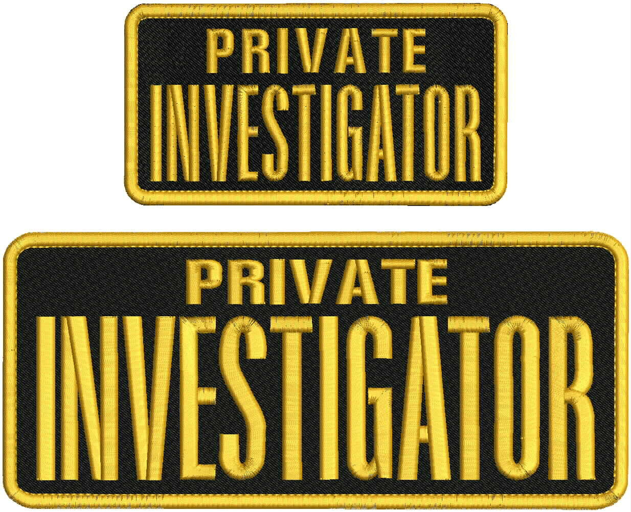 PRIVATE INVESTIGATOR EMB PATCH 4X10 AND 3X6 HOOK ON BACK GOLD ON BLK