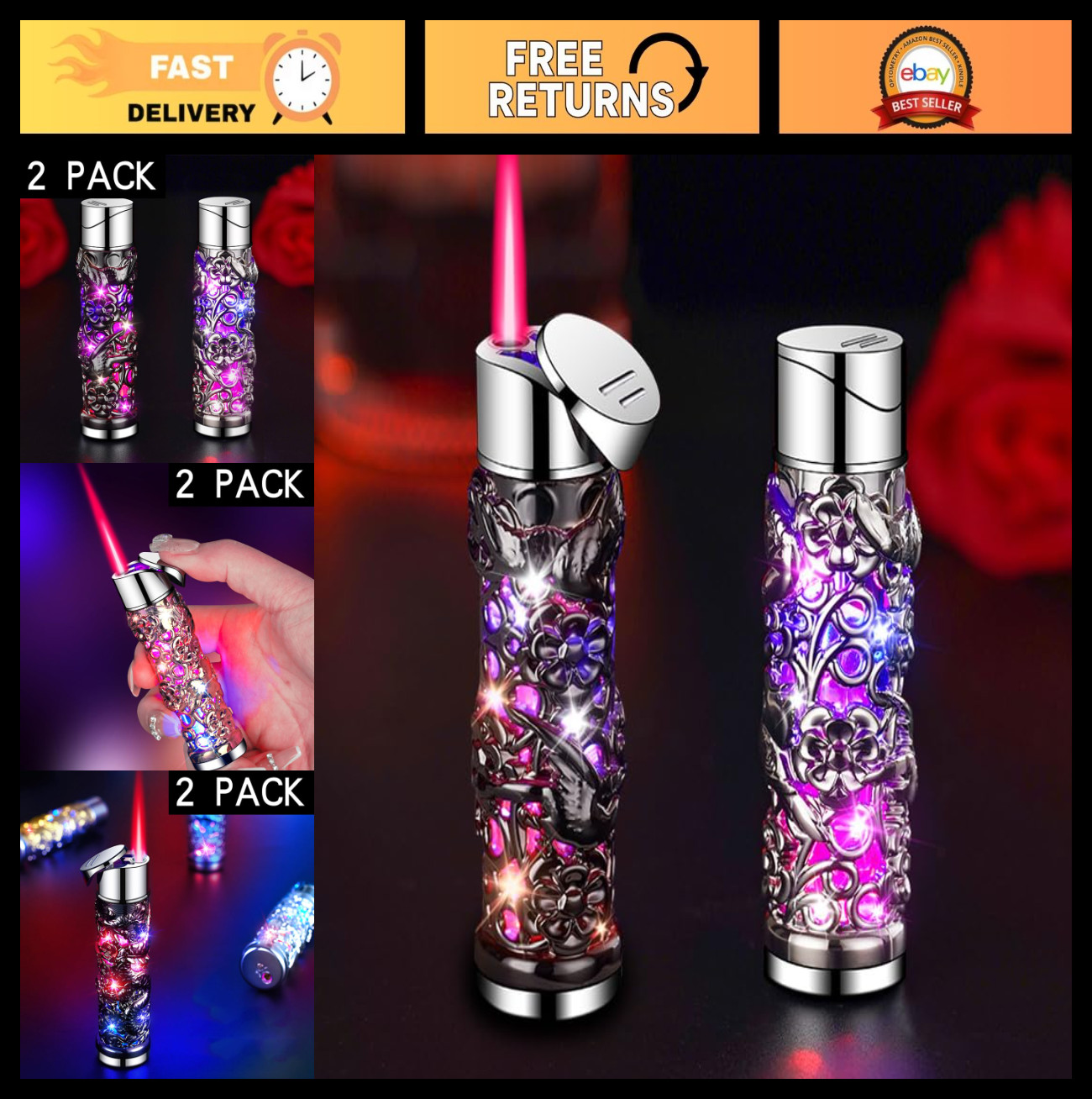 2 Pack Refillable Windproof Jet Torch Lighters - Adjustable Flame for BBQ, Campi