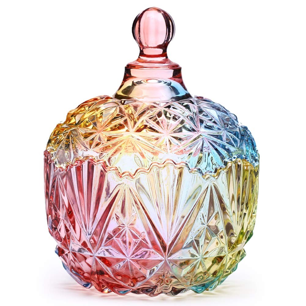 1Pc Colorful Glass Storage Jar with Lid Candy Cookie Jar Jewelry Box Buffet J...