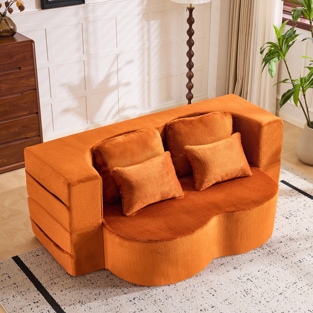 Folding Sofa Bed, Plush Orange Futon Mattress, High Density Foam