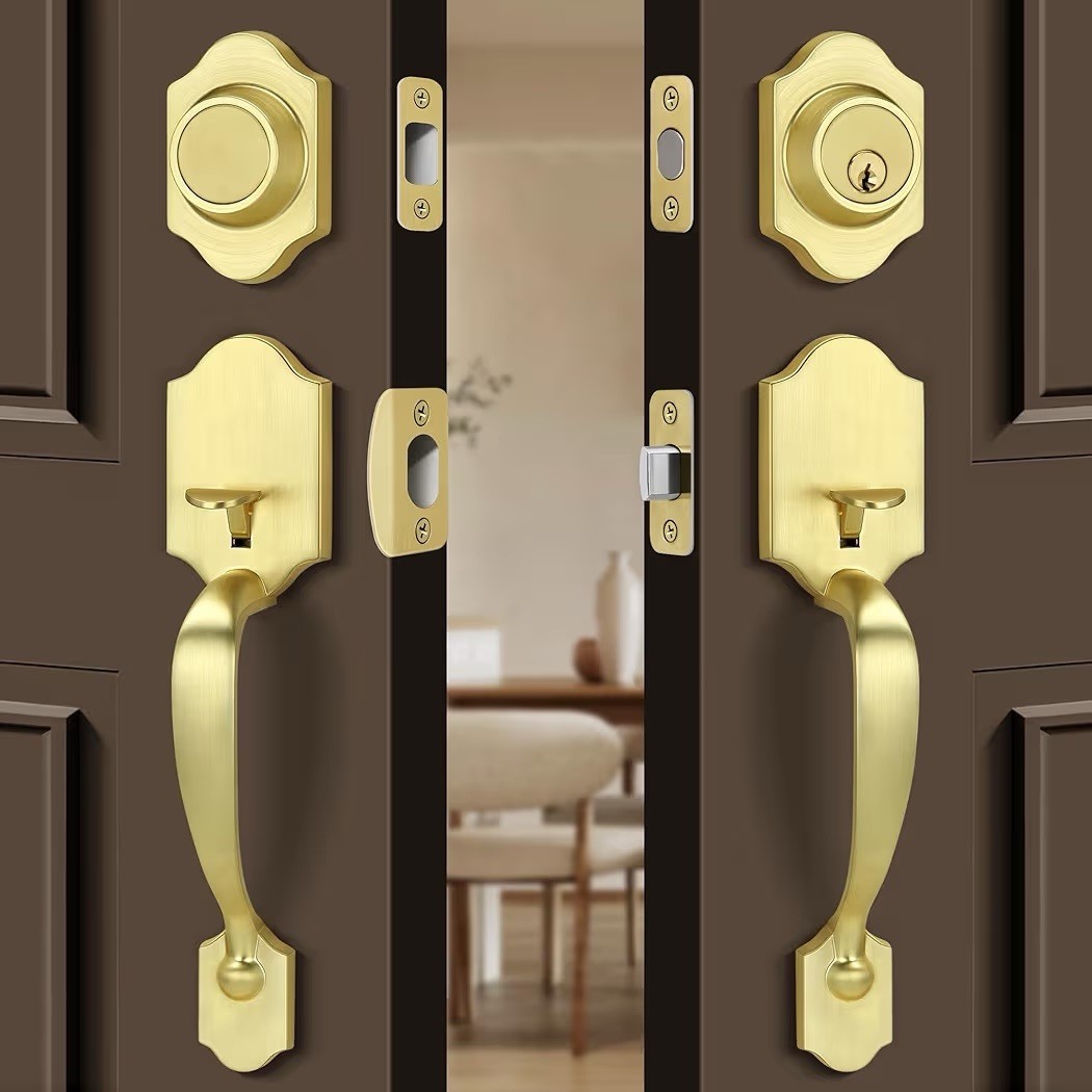 Double Front Door Handleset with Deadbolt –Brushed Gold Classic Entry Handle Set