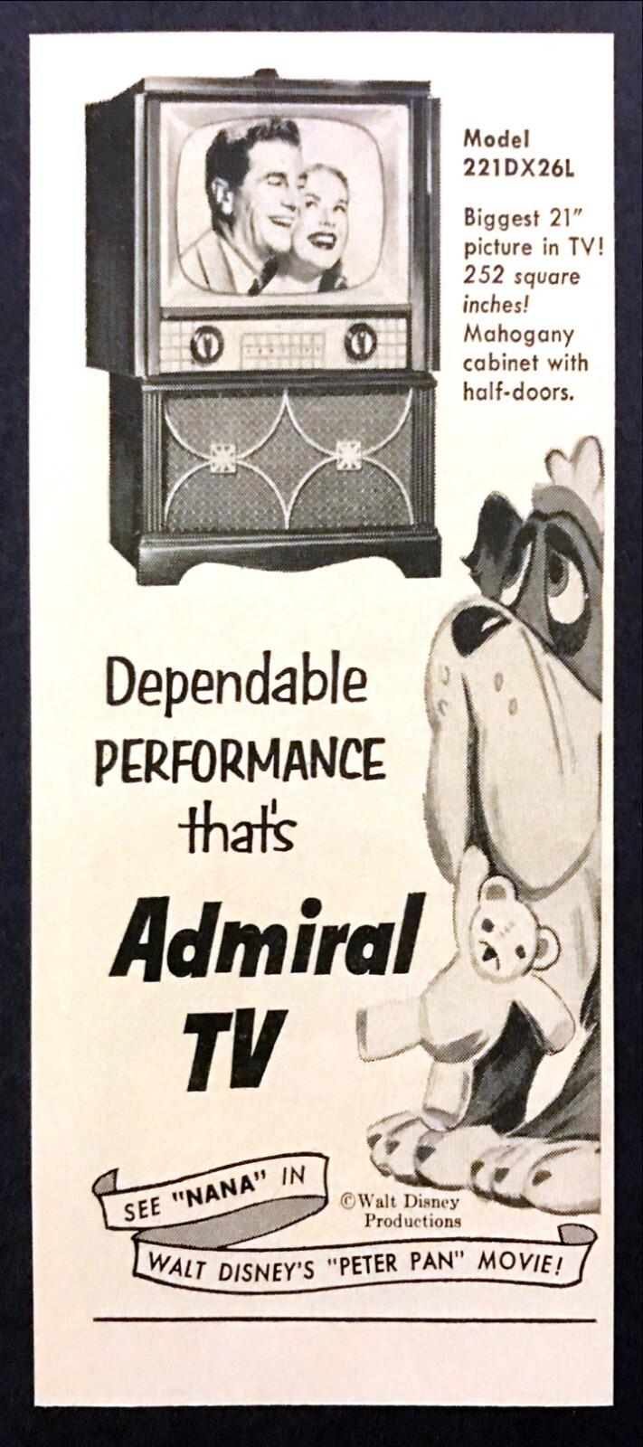 1953 Peter Pan St. Bernard Nana Walt Disney art Admiral TV set vintage print ad