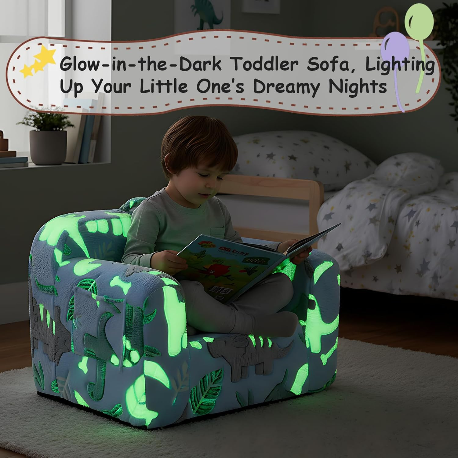 Glow in the Dark Kids Sofa, Portable Toddler Couch with Dinosaur Design