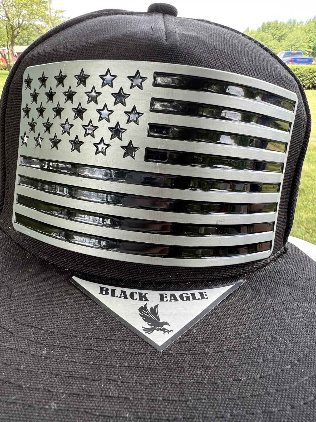 Black Eagle Hat Snapback w/Metal American Silver Flag Riveted on Front EUC