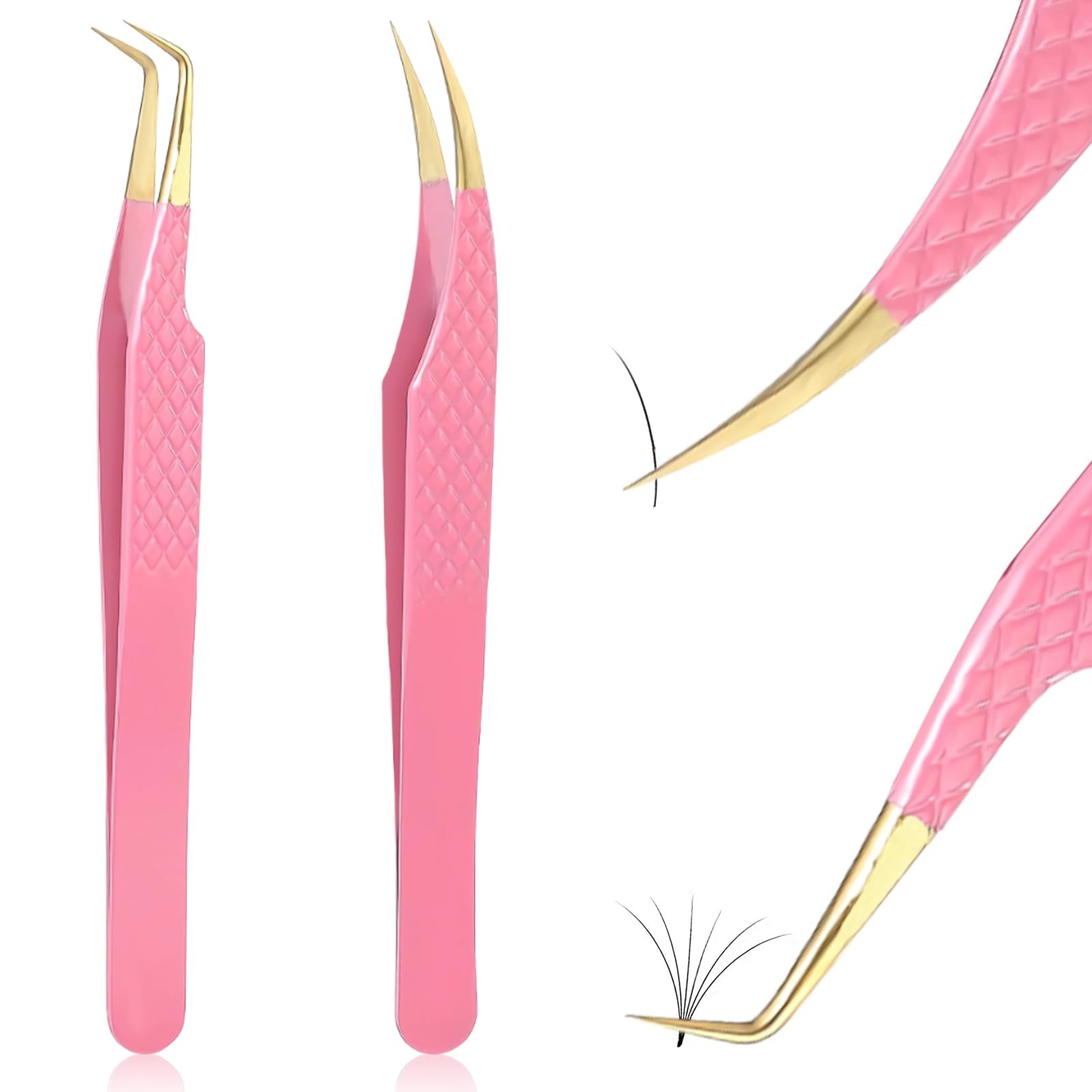 2PCS Professional Lash Tweezers Set, Bent & Straight Tip Precision Pink
