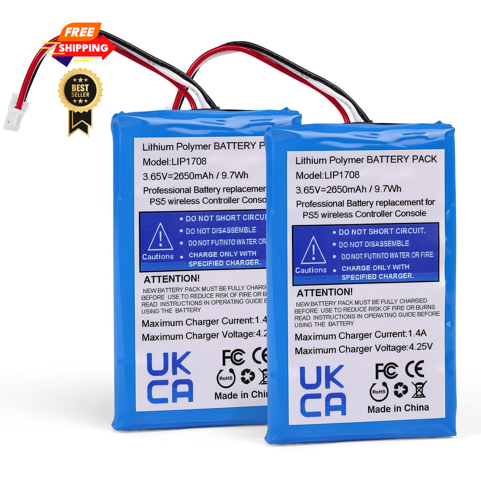 GKUGEYGO PS5 Controller Battery, 2-Pack LIP1708 Replacement Battery for Black