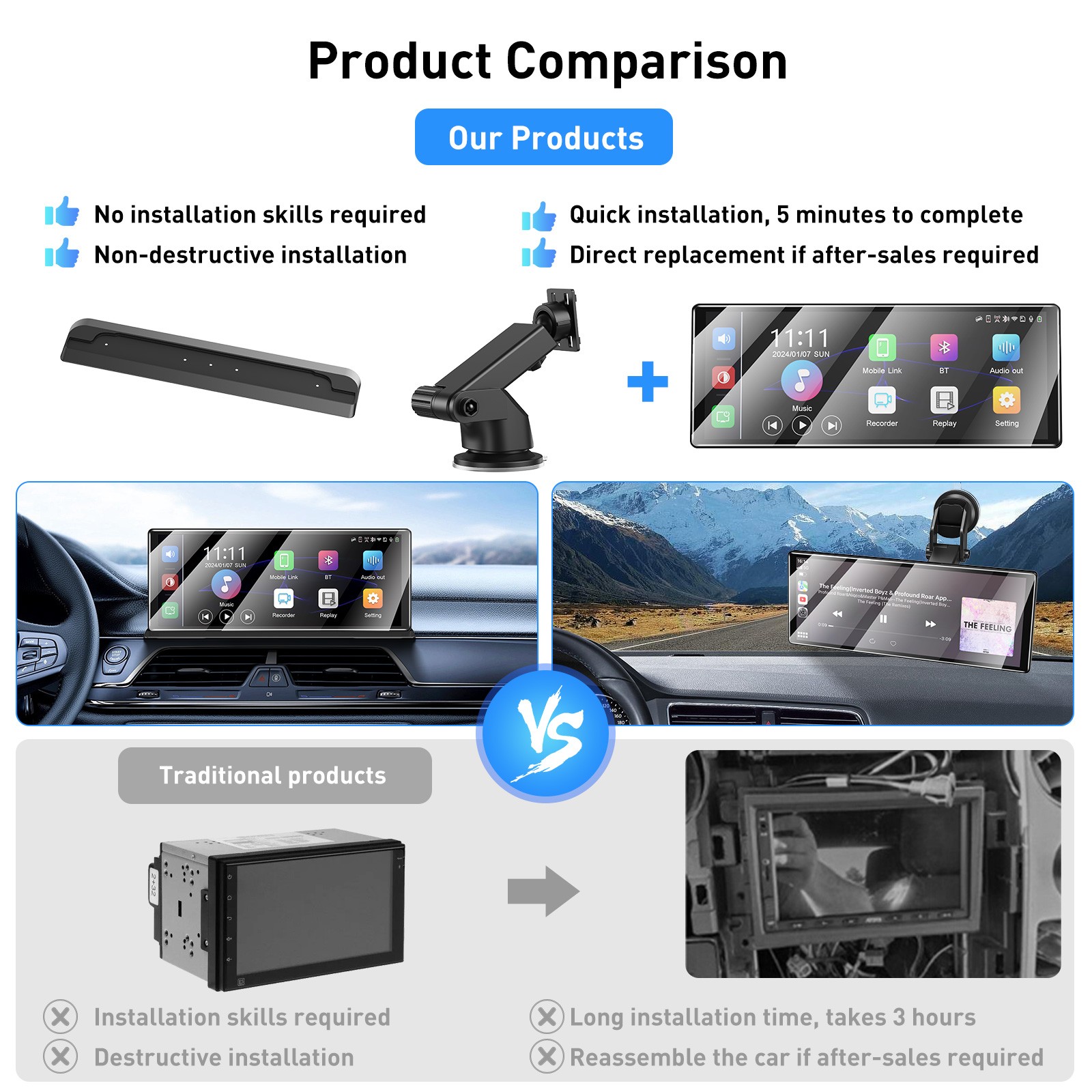 11.30" 4K Touch Screen Dash Cam Wireless Apple Carplay & Android Auto Car Stereo