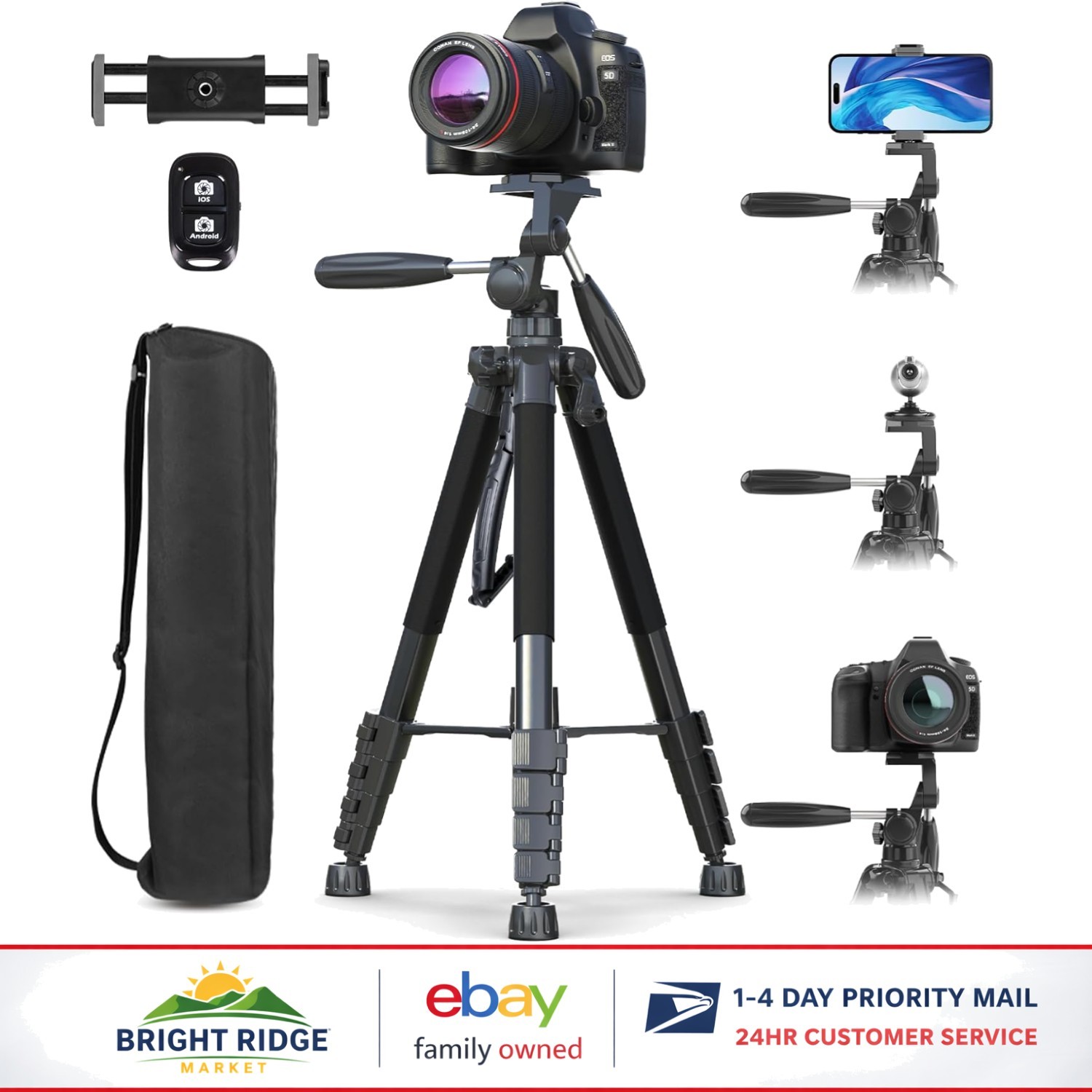 Adjustable Height 74" Tripod with Dual-Handle Design for Enhanced Stability