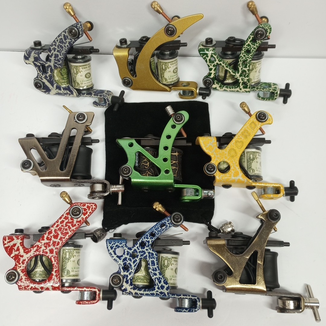 Lot of 9 Tattoo Machines Guns Equipment NEW & Old School Designs 2 Coil 10 wrap
