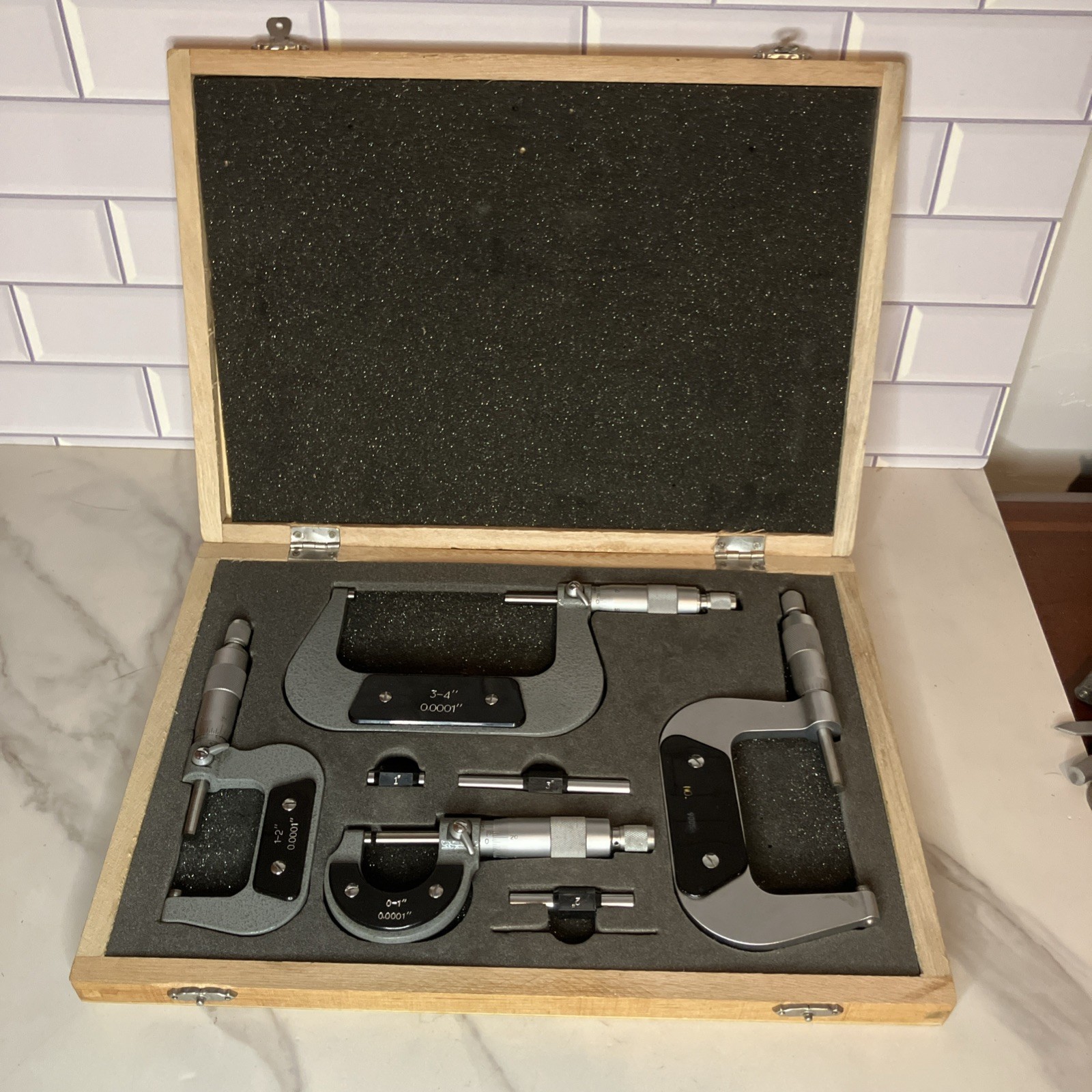 Micrometers 0-4” Machinist / Inspection Tools 4 PC Set Wood Case ENCO/Fowler Mix