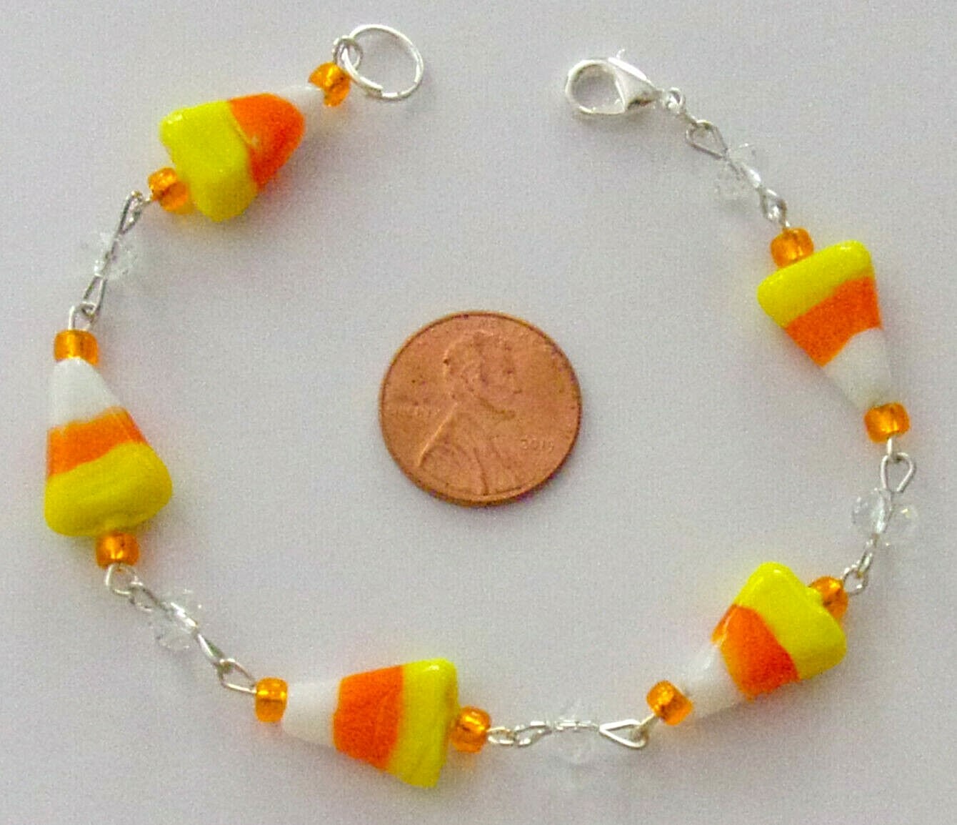 HALLOWEEN/FALL/AUTUMN BRACELET-CANDY CORN- LAMPWORK/CRYSTAL-HANDCRAFTED-#806