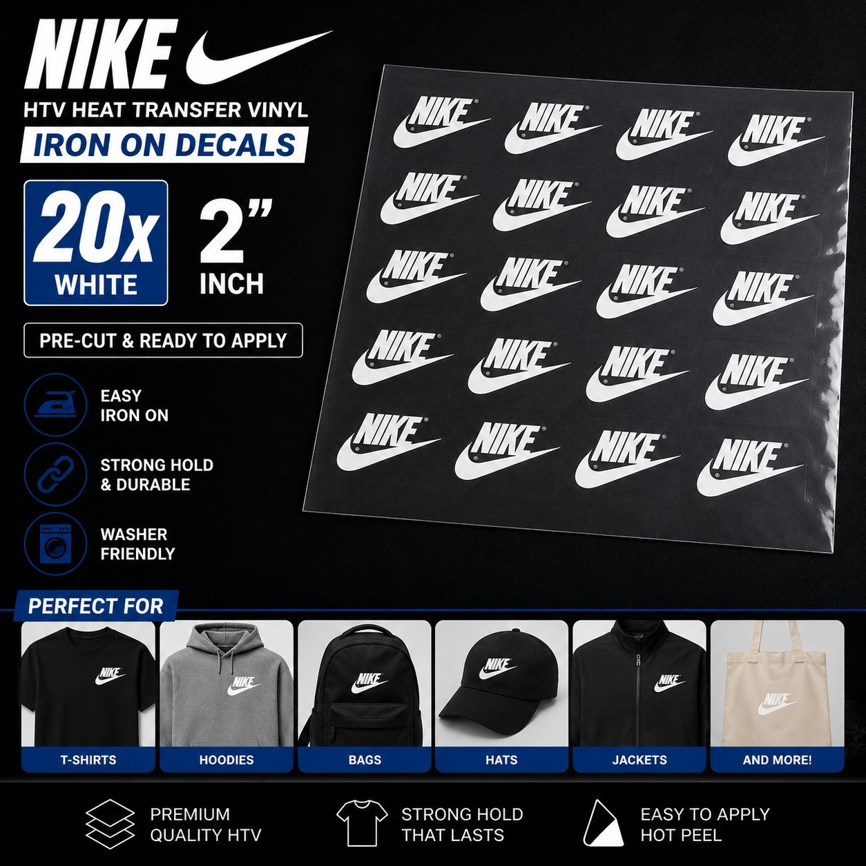 20x White Nike HTV Heat Transfer Vinyl Logos 2” Iron On Decals Pre-Cut
