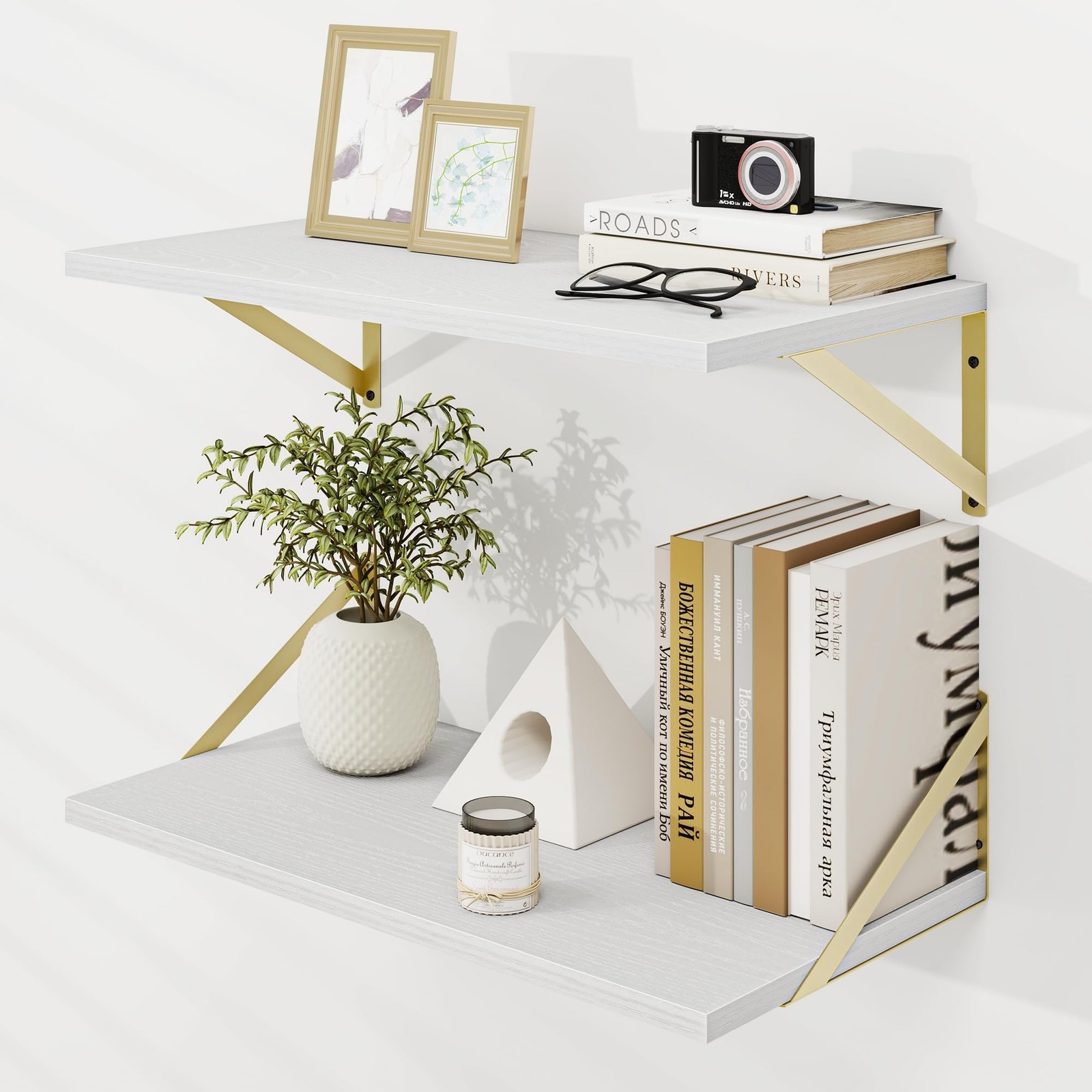 Dreamland Wall Mounted Floating Shelves Set of 2, 24x12, White&Gold | Enginee...