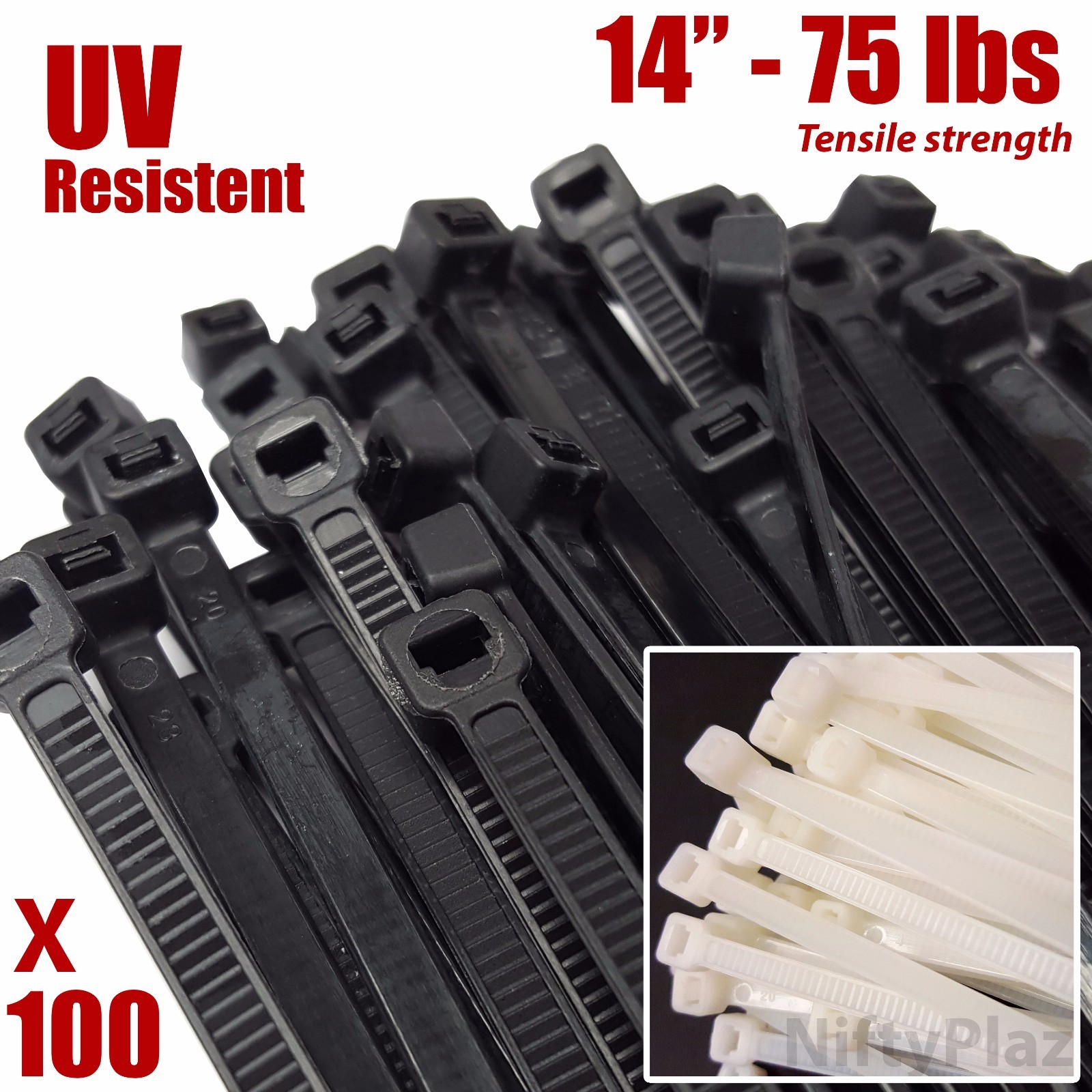 NiftyPlaza 14 Inch Cable Ties - 100 Pack - 75 lbs TENSILE Strength Wire Zip Ties