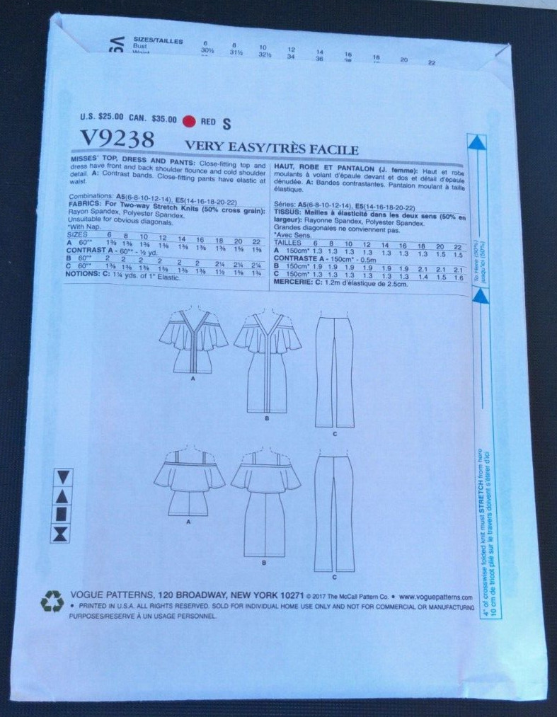 Vogue Pattern V9238 Ms Top & Dress w/Cold Shoulder & Opts & Pull-on Pants 6-14