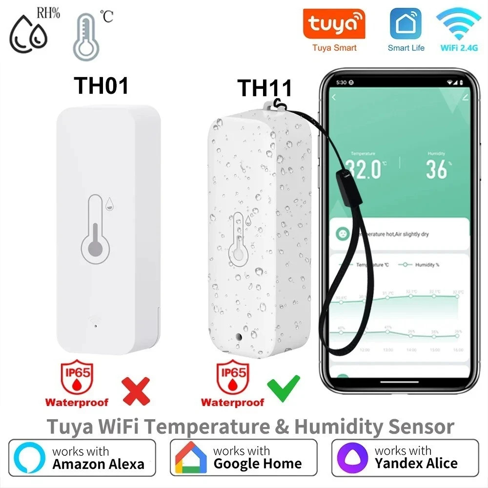 1 Pc Tuya WiFi Temperature Humidity Sensor IP65 Smart Home Alexa SmartLife App