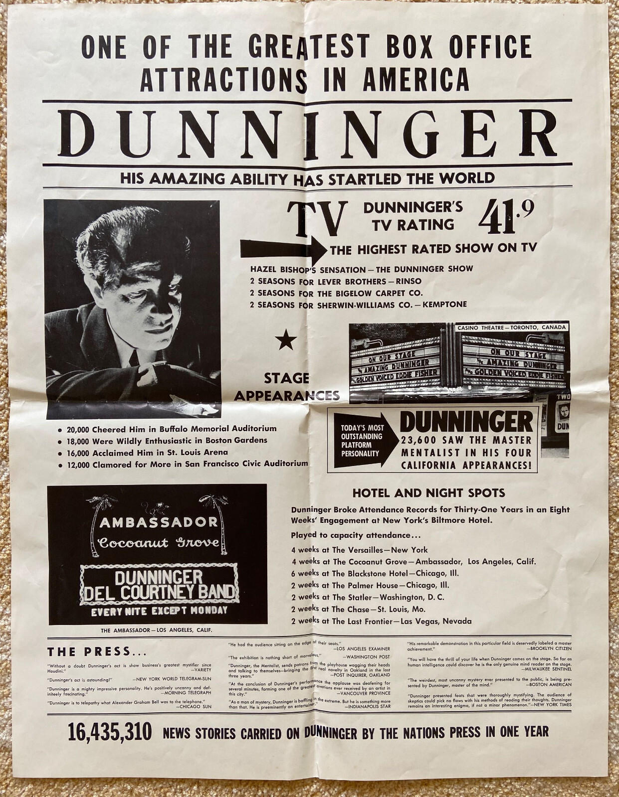 Joseph Dunninger Mentalist-Magician Original Broadside Poster Vintage 1950s