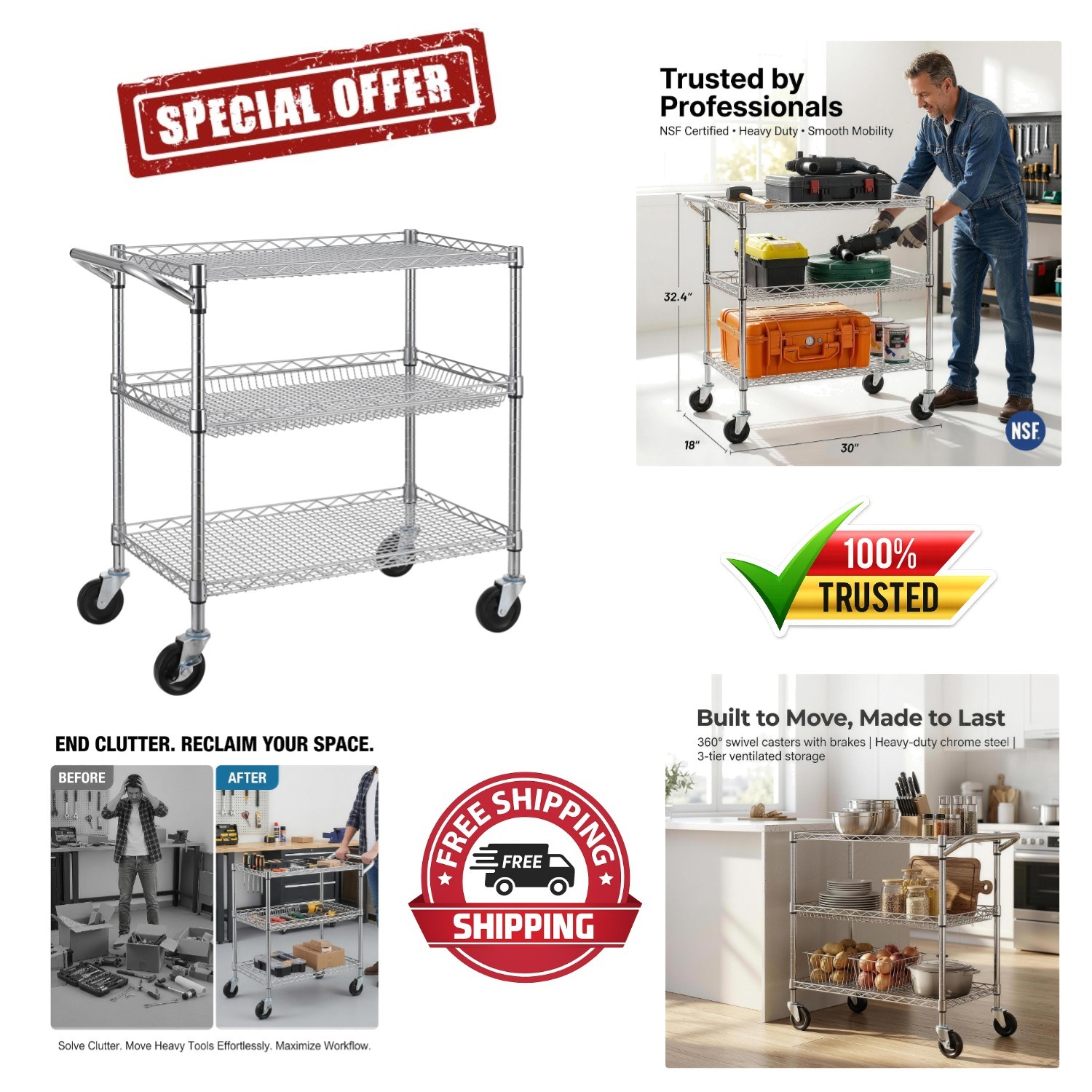 Adjustable Height Heavy Duty Chrome Utility Cart - 3 Tiers with Locking Casters