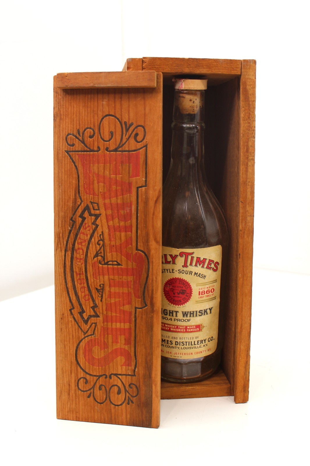 Vintage Early Times Straight Whisky Bottle with Wooden Crate – 90.4 Proof  1860