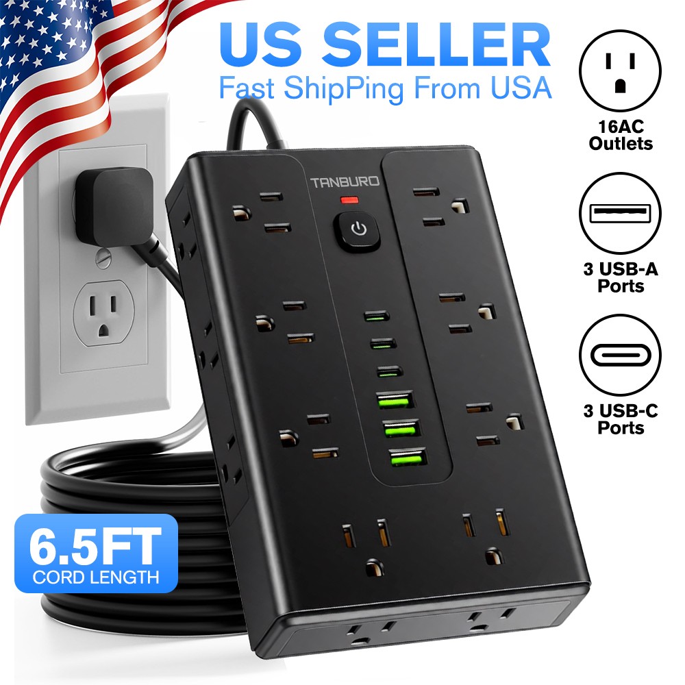 Flat Plug Power Strip with 16 Outlet Extension Cord USB Port Surge Protector