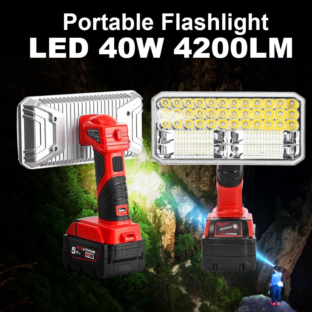 4200LM 40W LED Work Light Compatible with Milwaukee 18V Battery Bright Camping