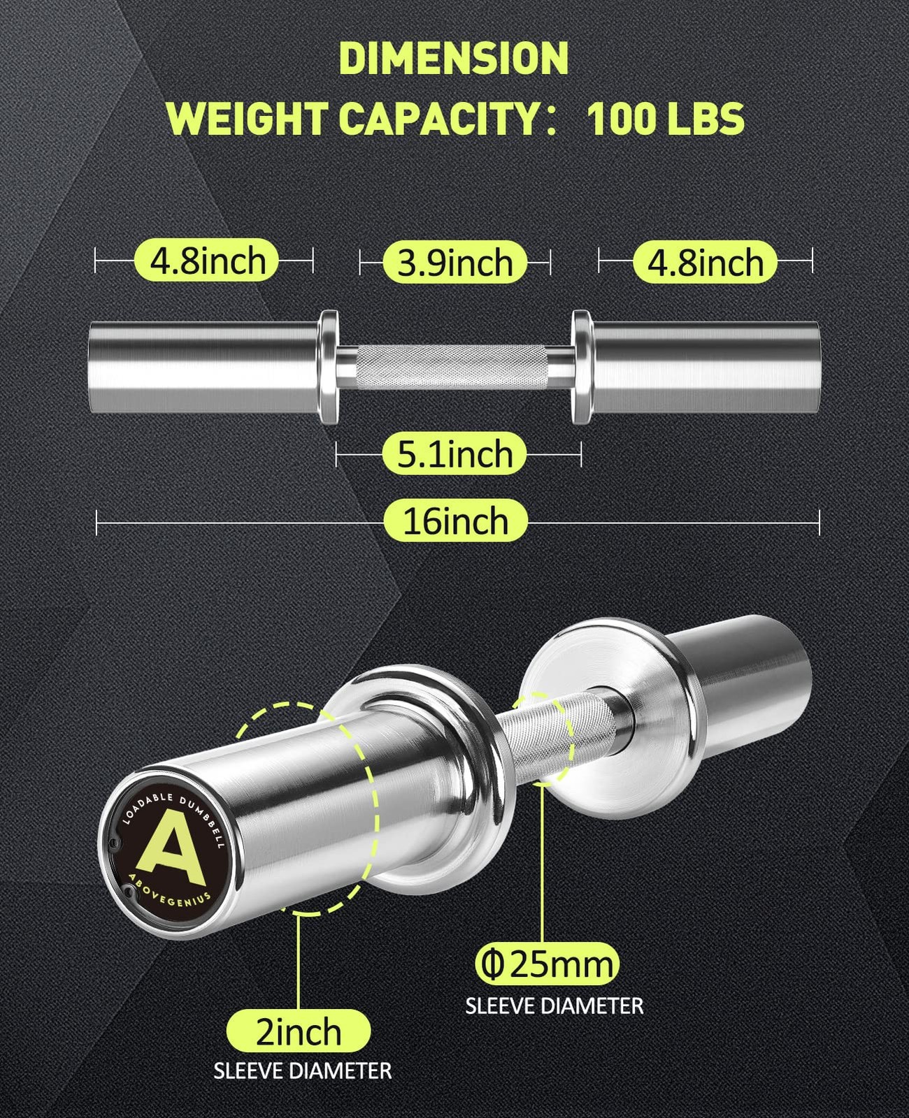 16" Olympic Dumbbell Handles, Solid Steel Loadable Weight Bars for 2Inch Plat...