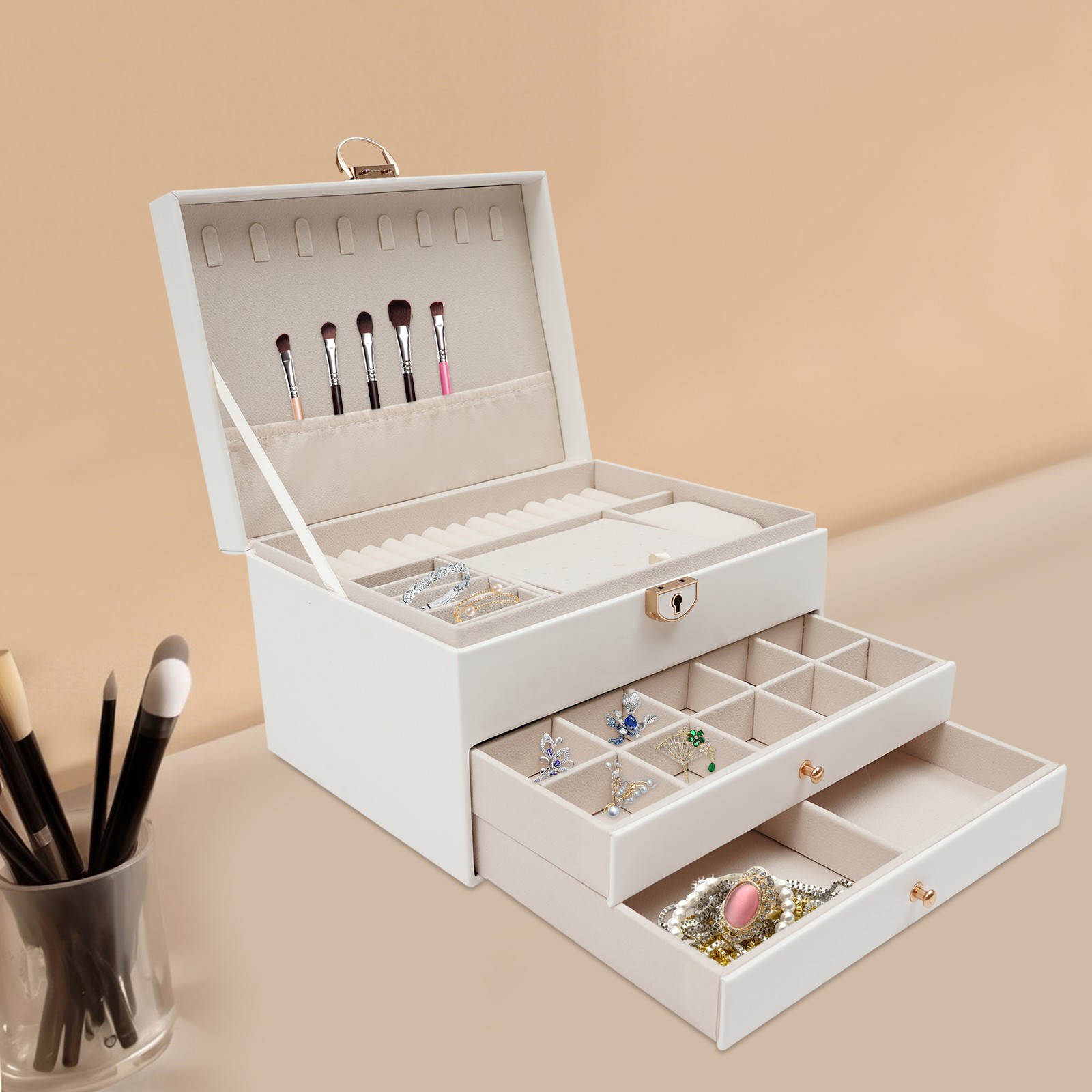 3TIERS Watch Box Case Jewelry Organizer PU Watch Holder Display Case w/ Drawer