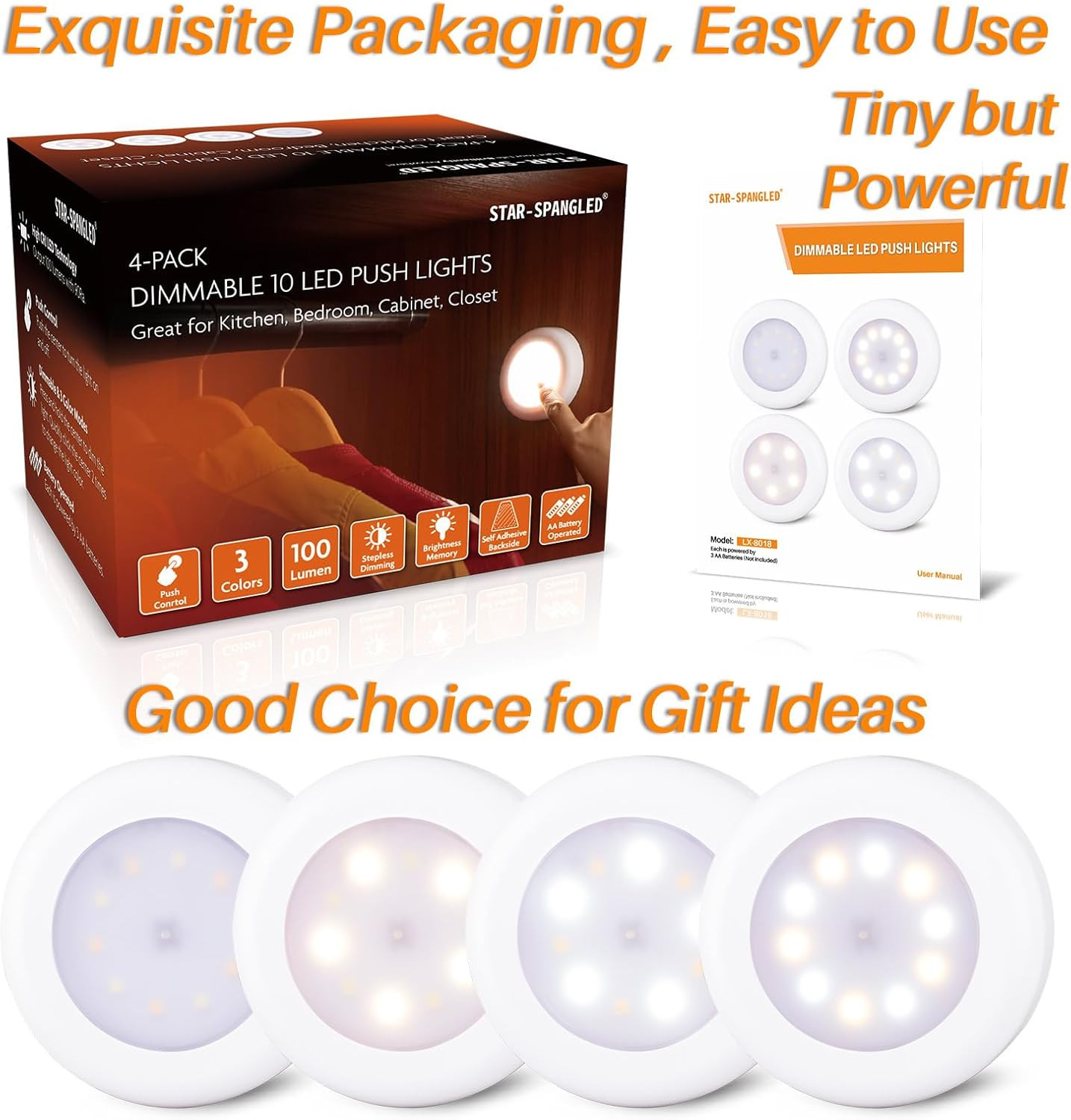 4 Pack 3.1” Dimmable Push Tap Lights, Stick on LED Touch Puck Lights AA Battery