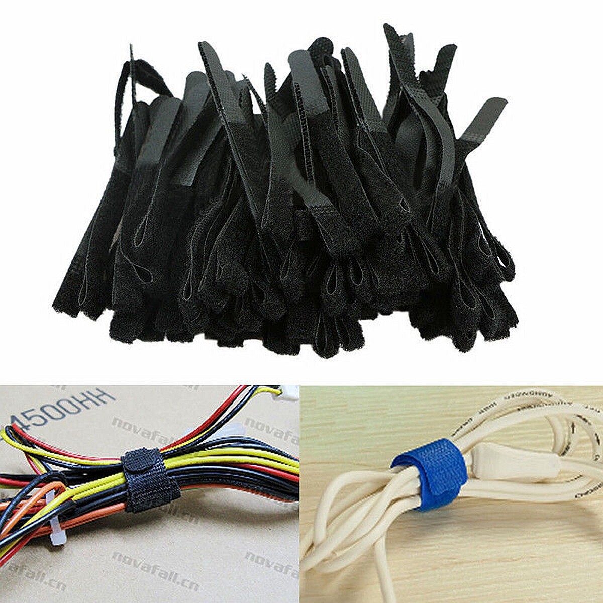 10 CABLE Cord WRAPS sTraPs 4" Hook & Loop BLACK Nylon Fasteners 4 inch Ties